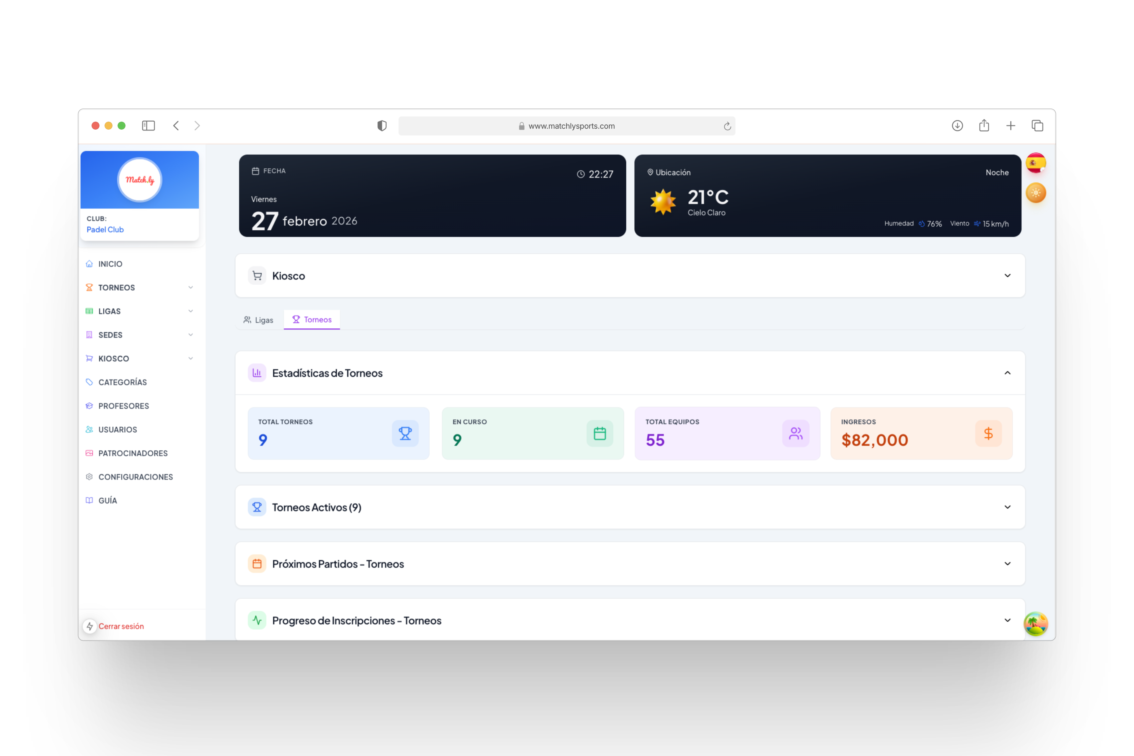 Panel de administración Matchly - dashboard y ventas