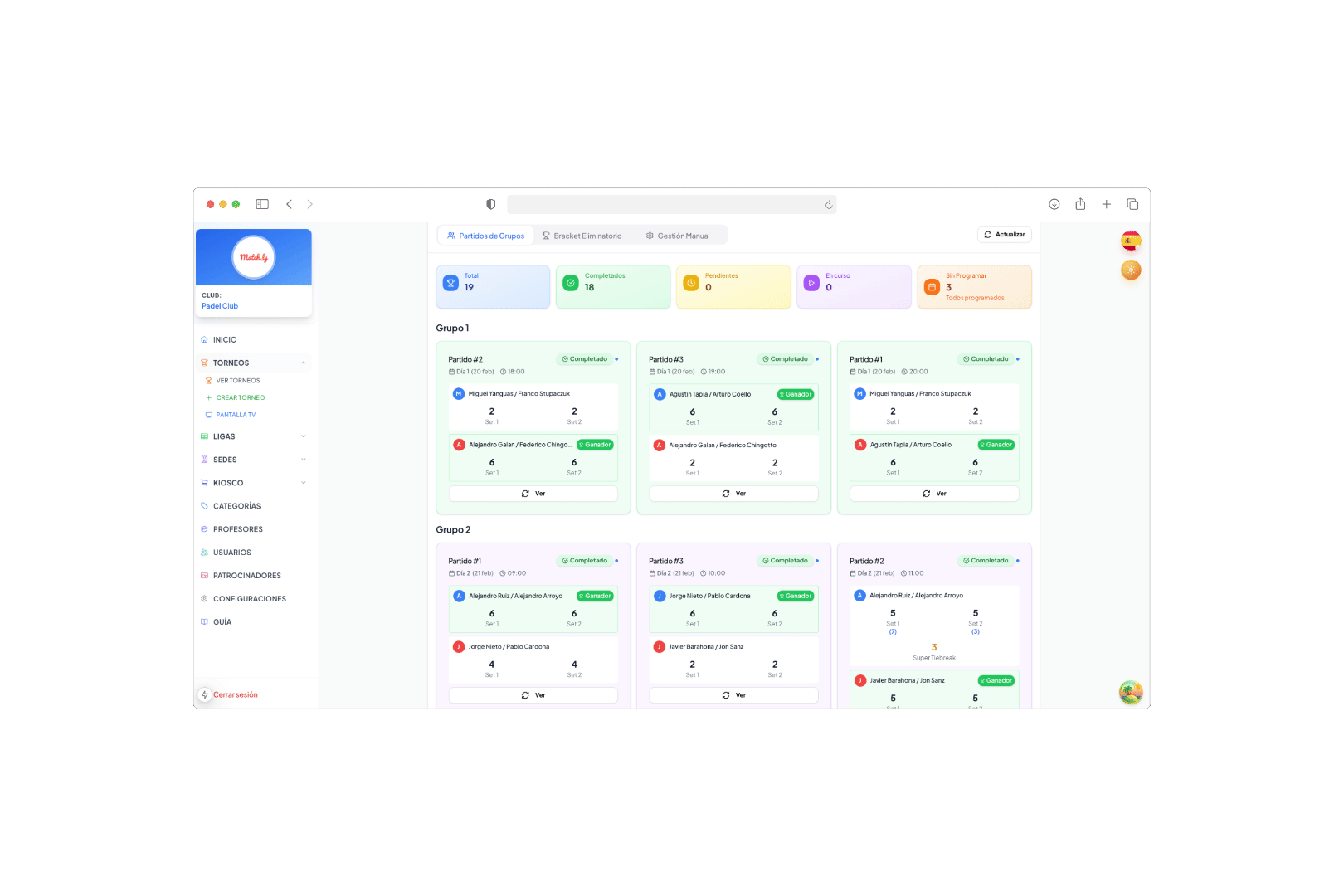 Matchly - panel de administración para clubs de pádel